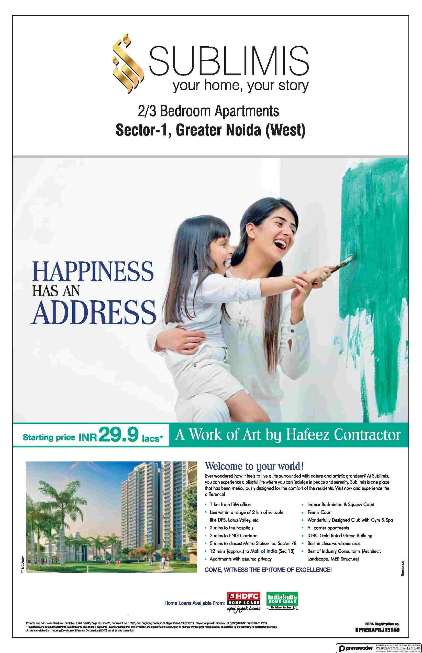 Book 2 & 3 BHK @ Rs. 29.9 Lacs at CRC Sublimis in Greater Noida